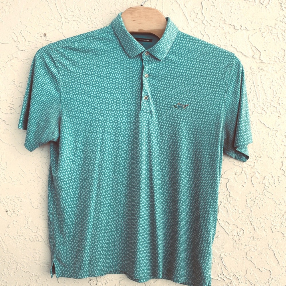 Greg Norman Polo Shirt‎ Mens XXL Teal Geometric Shark Logo Short Sleeve